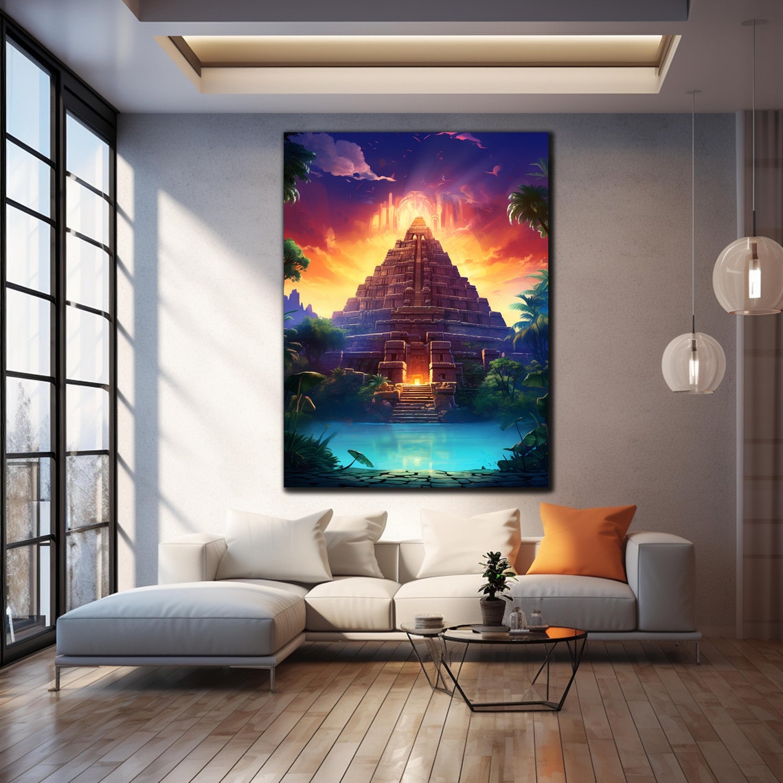 Ancient Mayan Temple Fiery Sunset Birds Tropical Lagoon Travel Poster - Image 4
