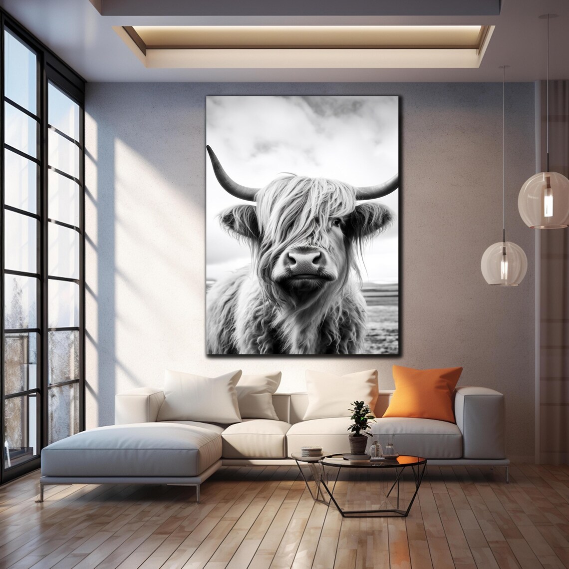 Scottish Highland Cow Black White Close Up Shaggy Portrait Poster - Image 4