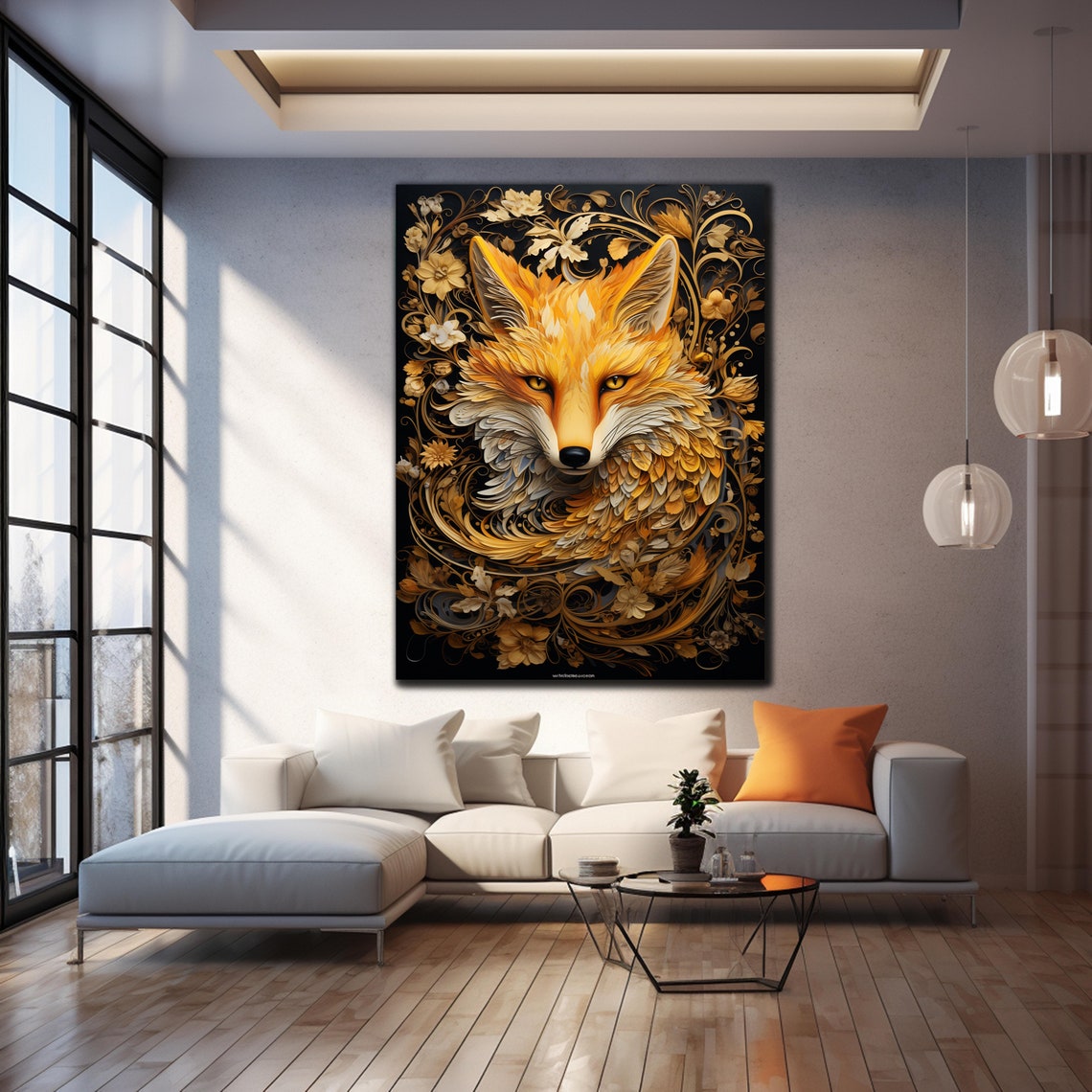 Golden Fox Ornate Floral Black Background Luxury Animal Art Poster - Image 4