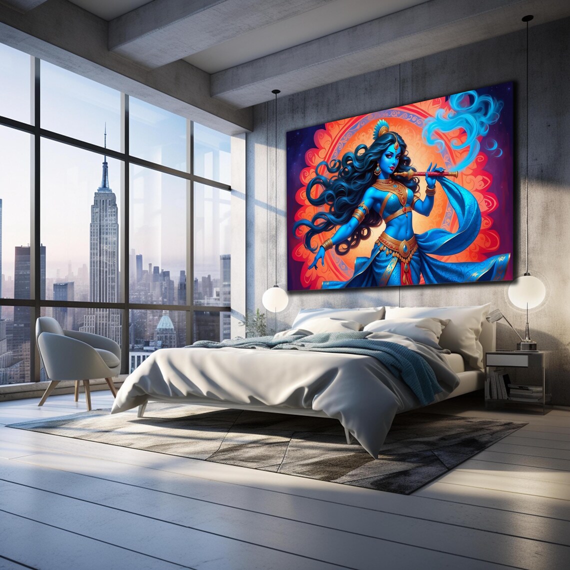 Krishna Blue Flute Player Fiery Orange Mandala Divine Art Poster - Image 3