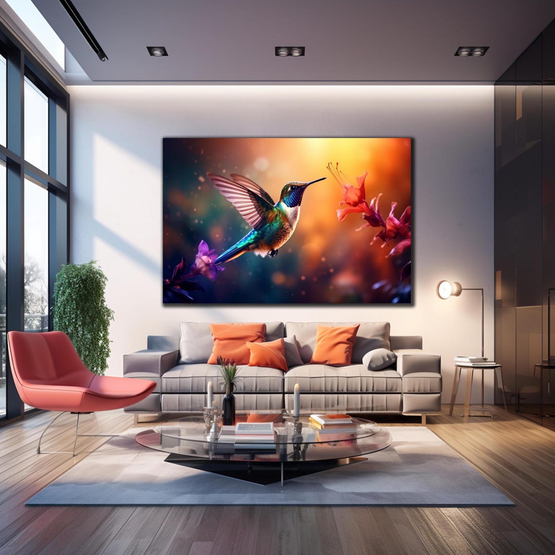 Hummingbird Hovering Red Purple Flowers Glowing Sunset Glow Poster - Image 4