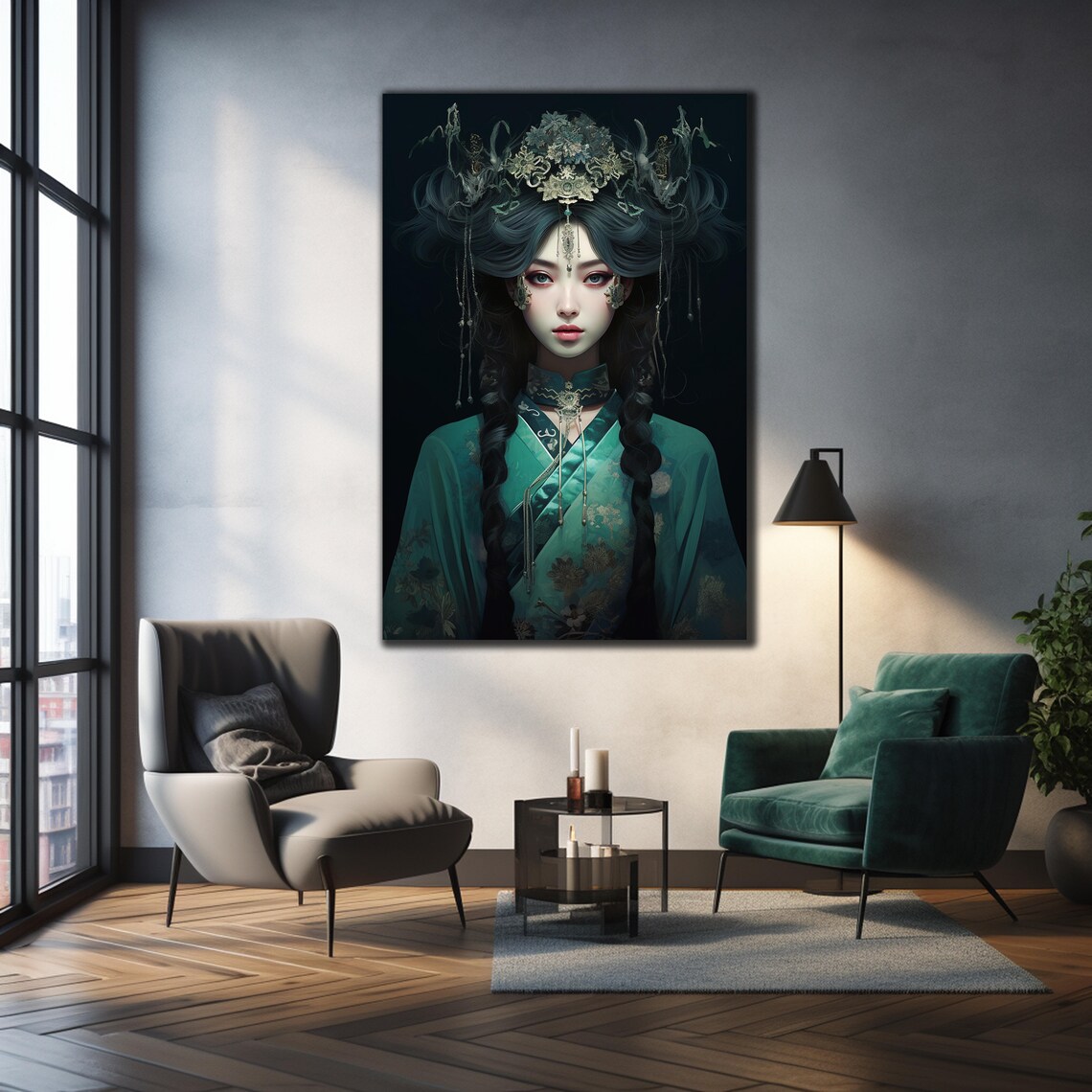 Jade Kimono Beauty Ornate Headdress Dark Regal Portrait Art Poster - Image 2