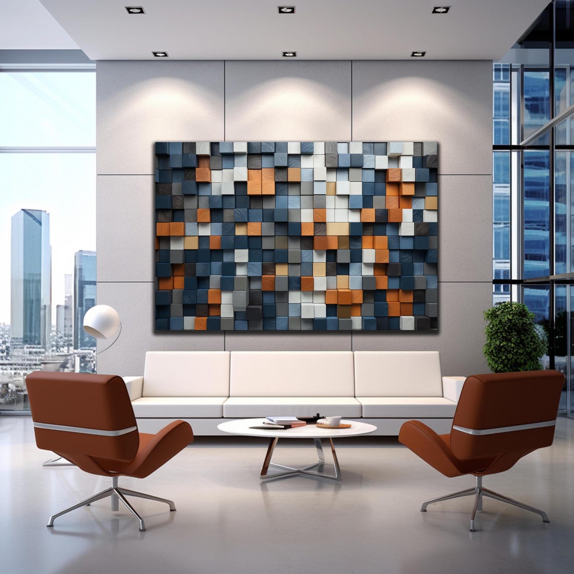 Navy Gray White Orange Small 3D Cube Mosaic Modern Geometric Wall Art - Image 2
