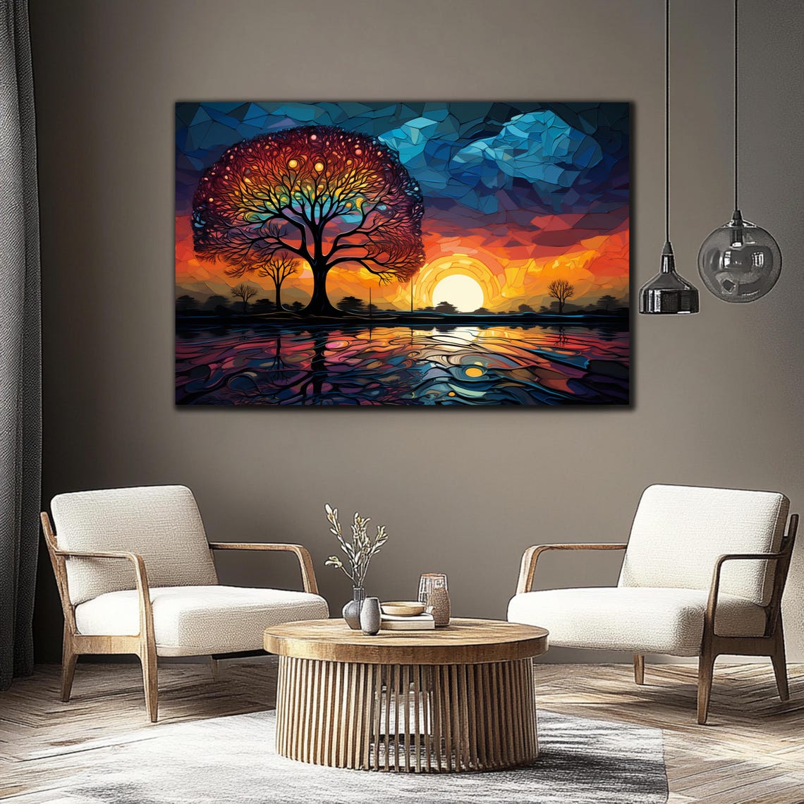 Tree of Life Stained Glass Mosaic Sunset Lake Reflection Art Poster - Image 4