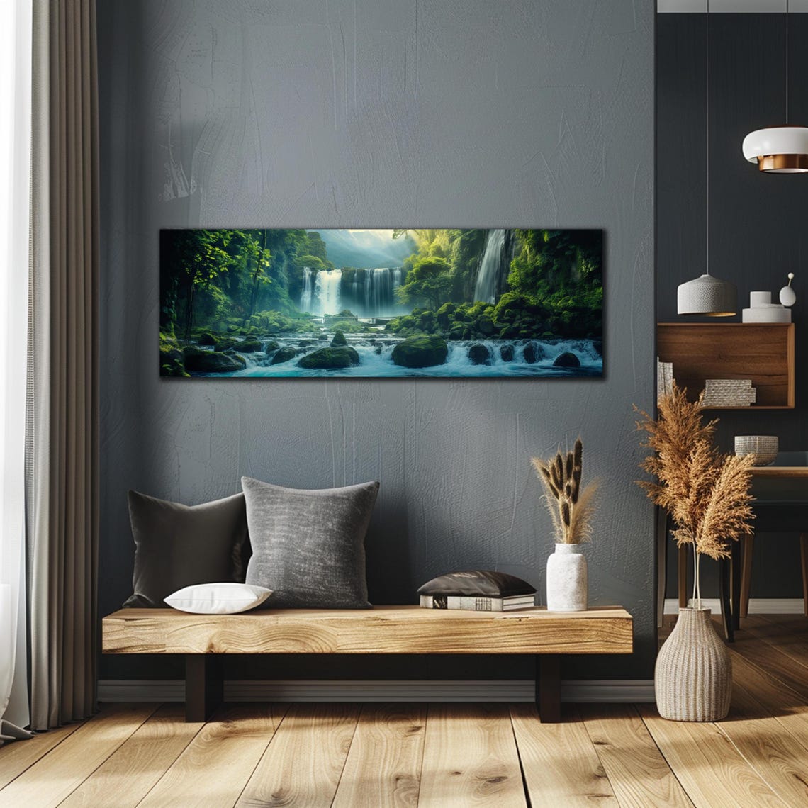 Lush Green Waterfall Gorge Mossy Rocks Crystal Stream Panoramic Poster - Image 2