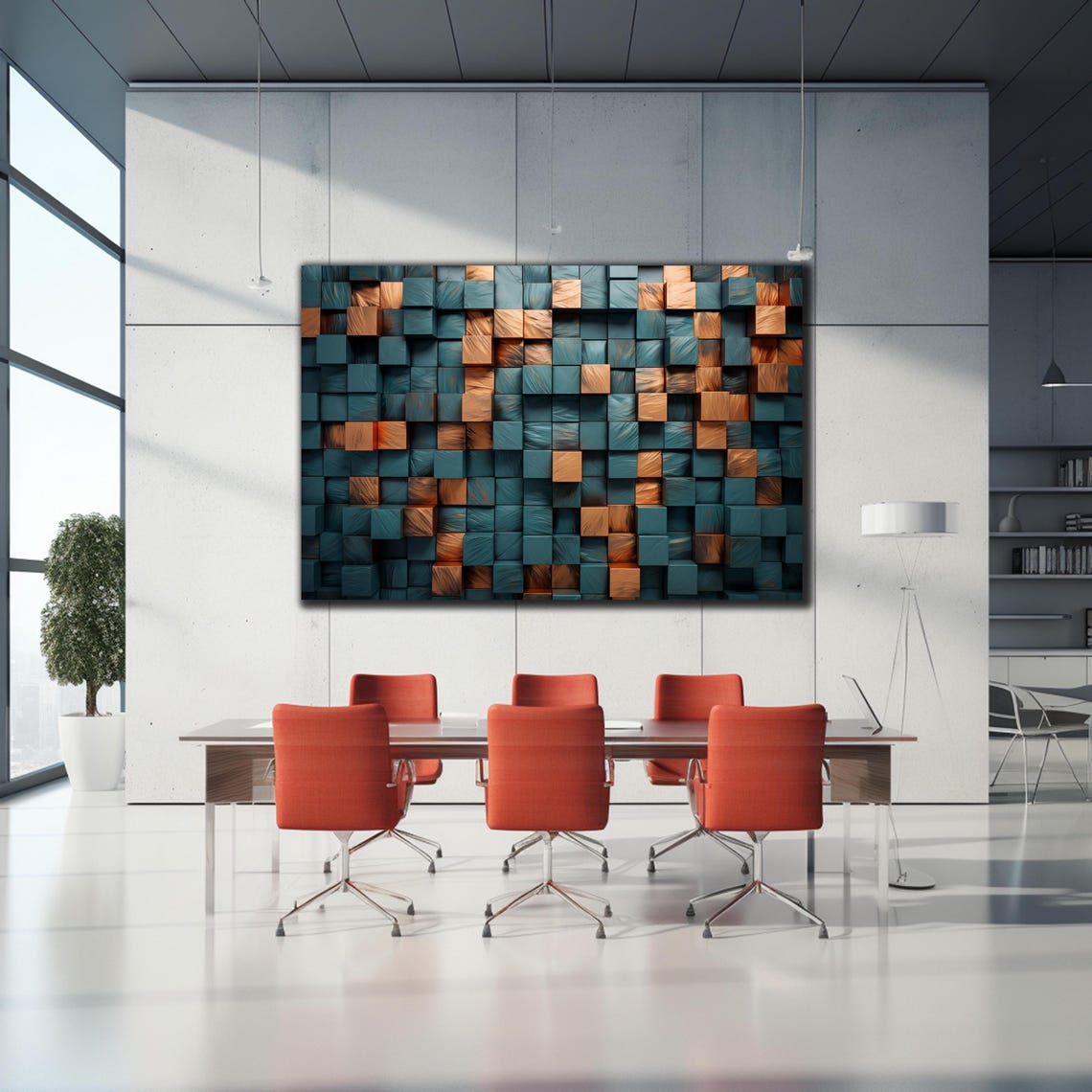 Teal Blue Copper 3D Wooden Cube Blocks Abstract Modern Wall Art - Image 2
