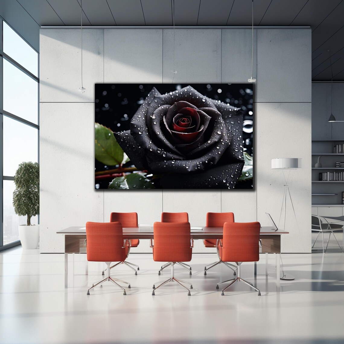 Black Red Rose Water Drops Dark Moody Floral Photography Wall Poster - Image 2