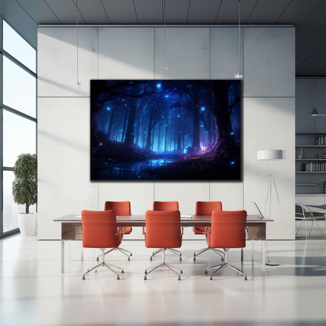 Fireflies Illuminate Forest Tempered Glass Wall Art Fantasy Neon Wall Decor Optical Illusion Artwork Psychedelic Glowing Forest Glass Art - Image 2