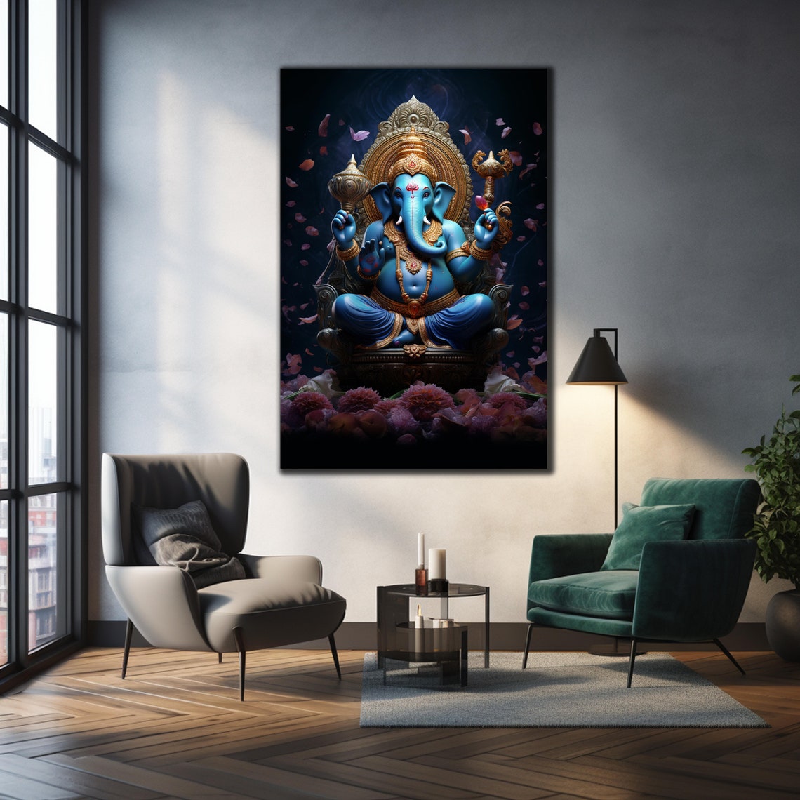 Lord Ganesha Blue Throne Golden Jewel Crown Divine Hindu Art Poster - Image 2