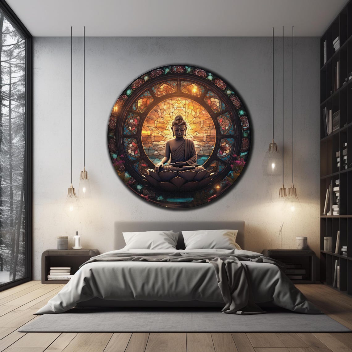 Buddha Lotus Silhouette Amber Stained Glass Dome Round Wall Art - Image 3
