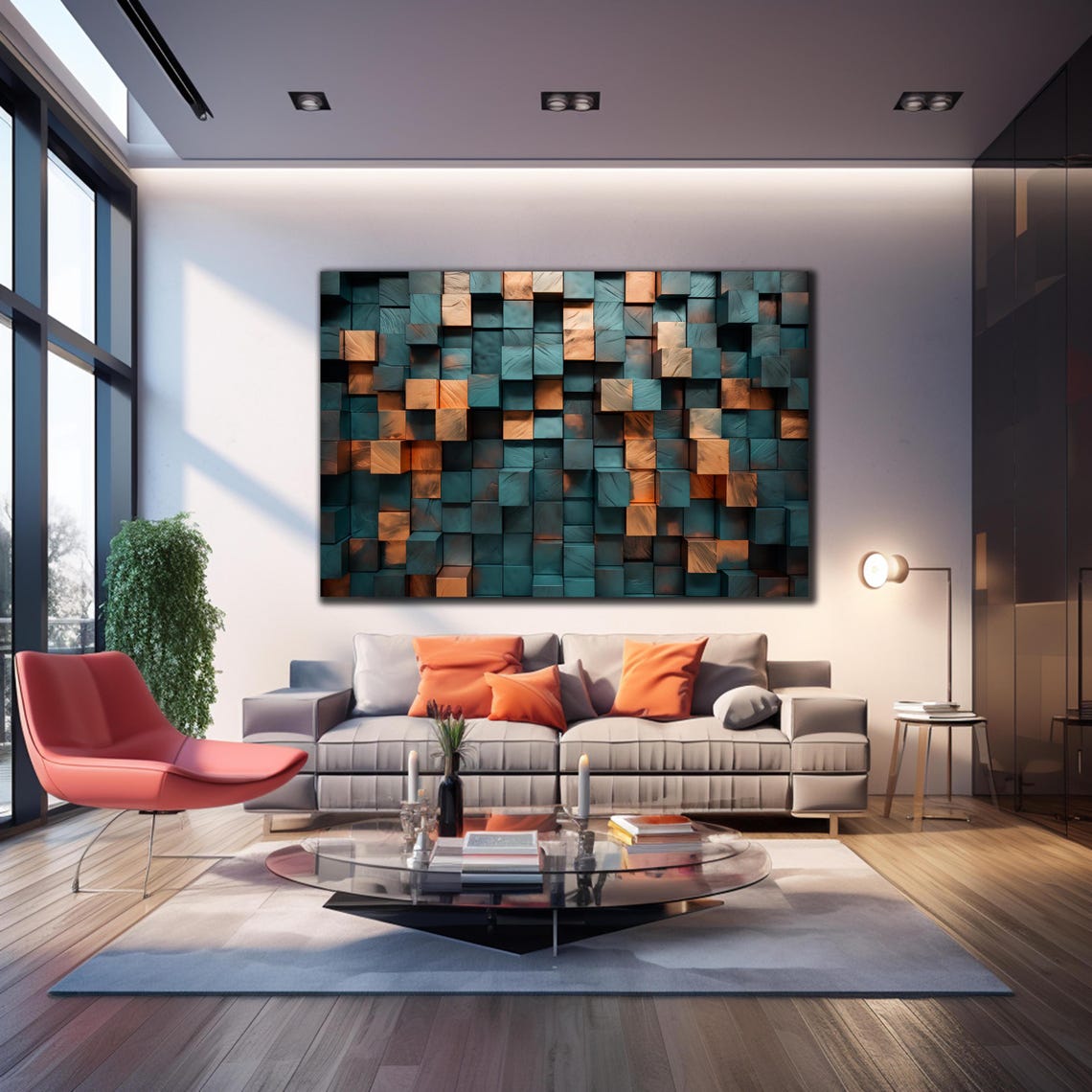 Teal Wooden Cube Blocks 3D Texture Abstract Geometric Wall Poster - Image 4