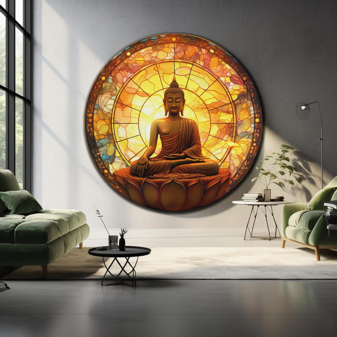 Buddha Golden Stained Glass Sunburst Lotus Meditating Wall Art - Image 4