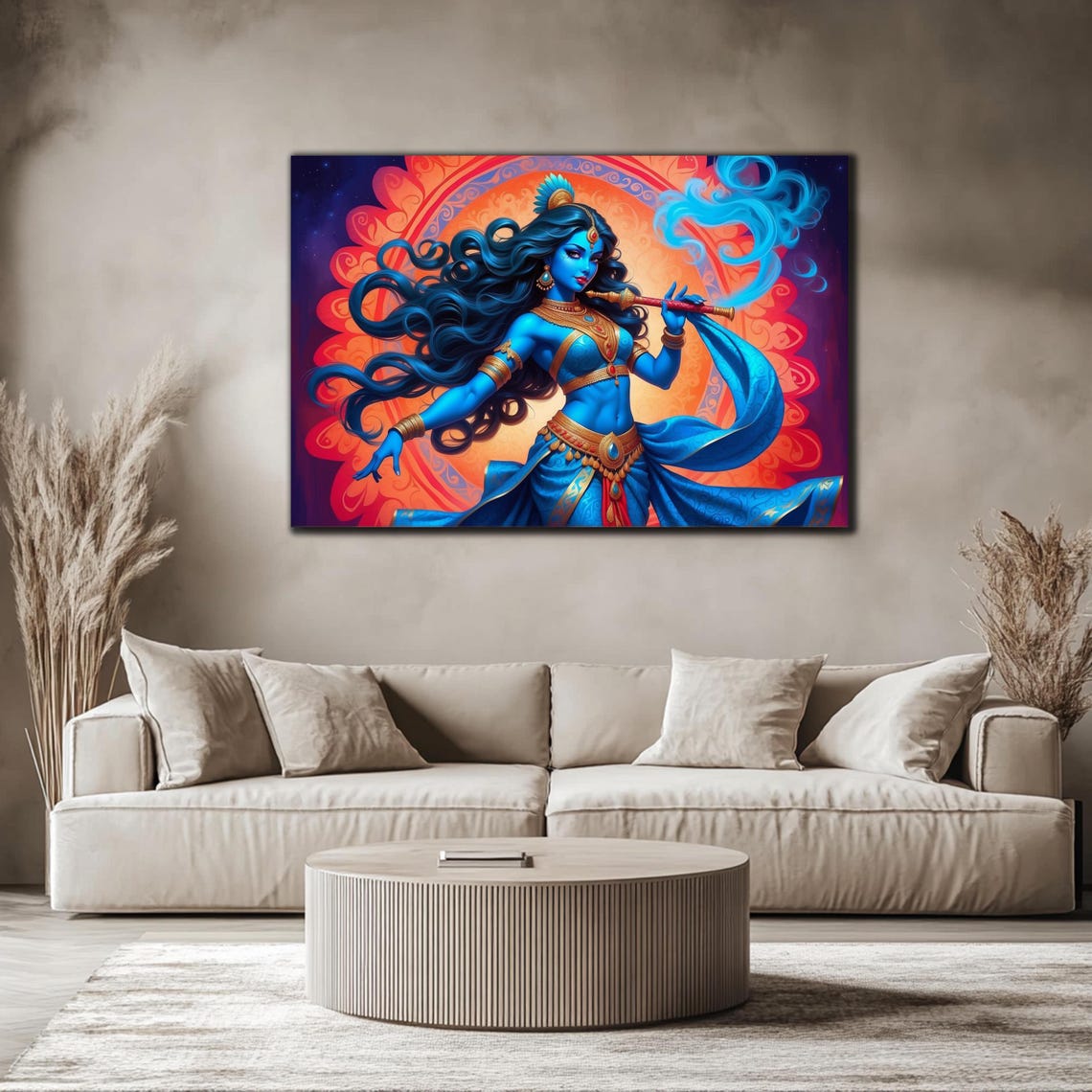 Krishna Blue Flute Player Fiery Orange Mandala Divine Art Poster - Image 4