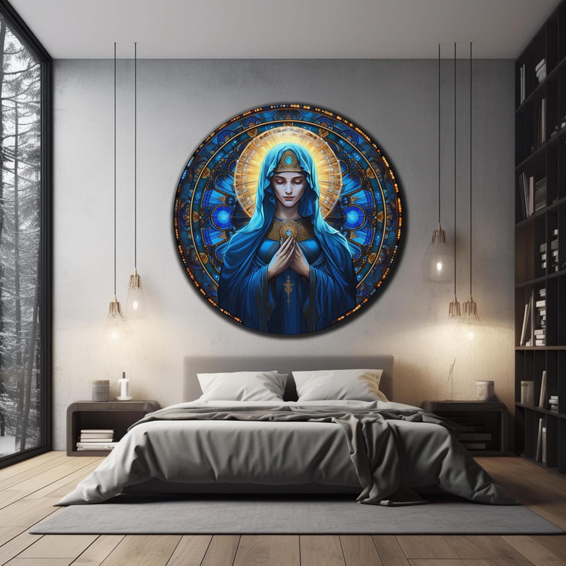 Virgin Mary Blue Stained Glass Praying Hands Golden Halo Wall Art - Image 3