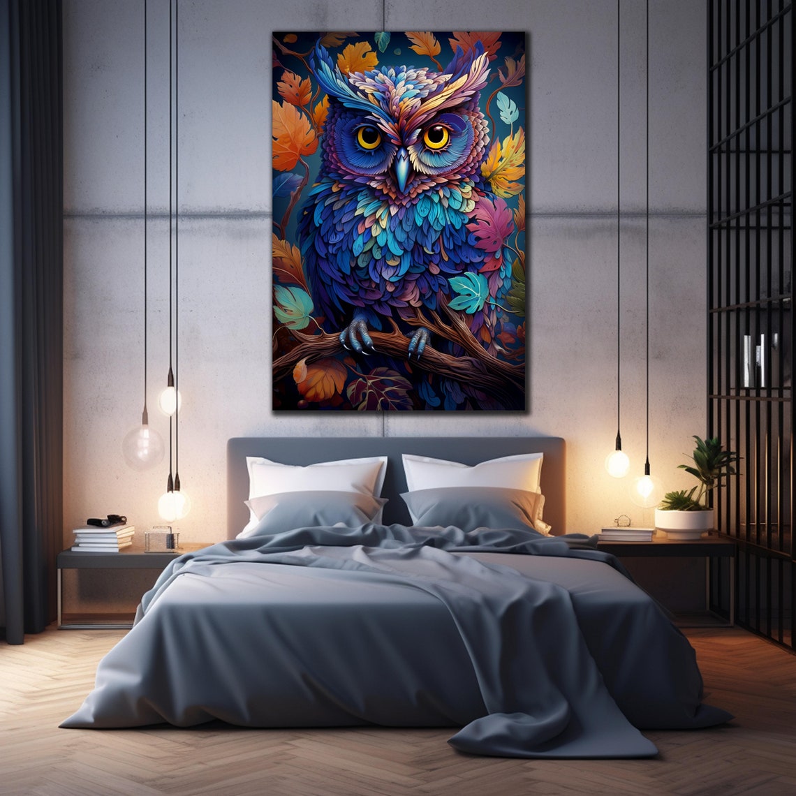 Blue Mosaic Owl Autumn Leaves Vivid Close Up Bird Art Wall Poster - Image 2