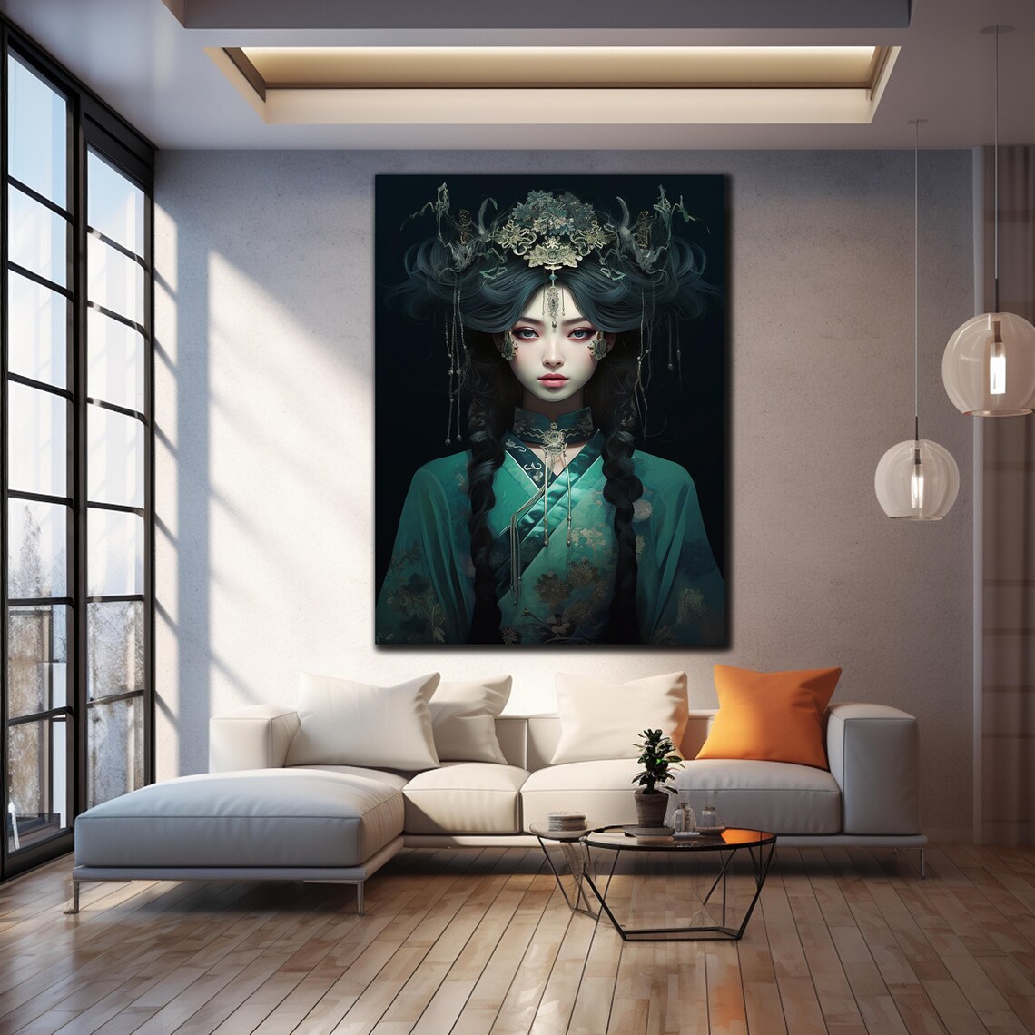Jade Kimono Beauty Ornate Headdress Dark Regal Portrait Art Poster - Image 4