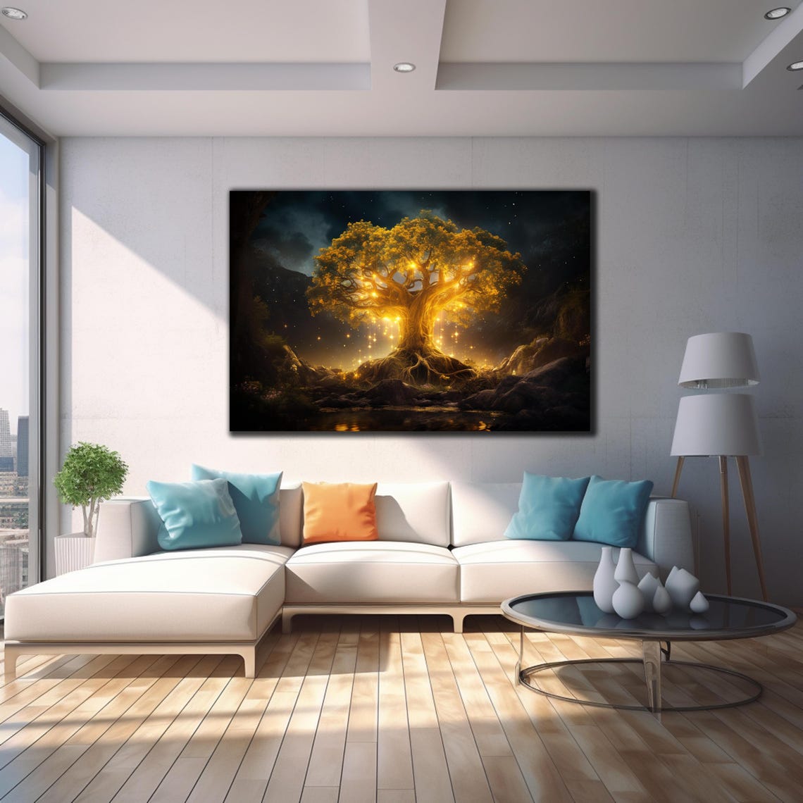 Golden Tree Night Glowing Canopy Enchanted Forest Magic Wall Art - Image 4