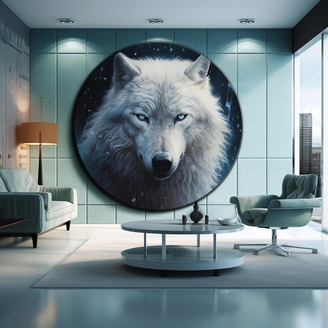 White Wolf Moonlight Blue Eyes Night Round Wildlife Wall Art Poster - Image 2