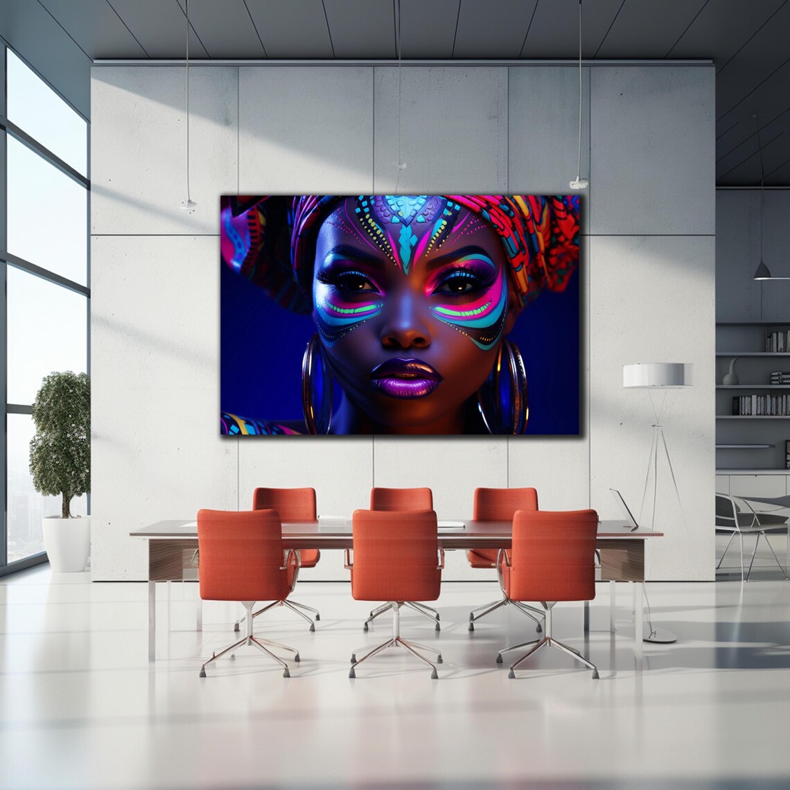 African Woman Neon Tribal Face Paint Headwrap Vivid Portrait Print - Image 2