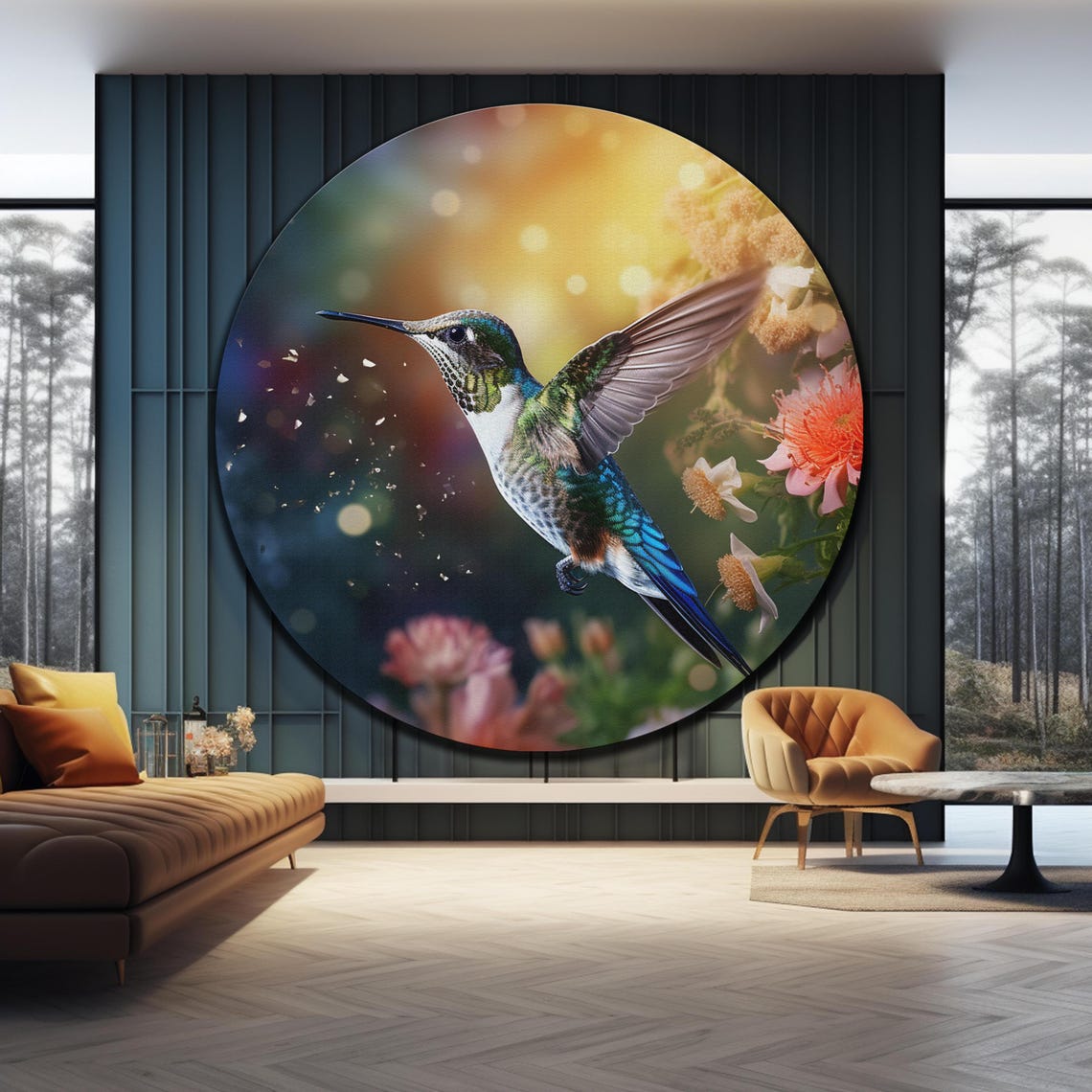 Hummingbird Flight Iridescent Green Flowers Golden Glow Round Wall Art - Image 4