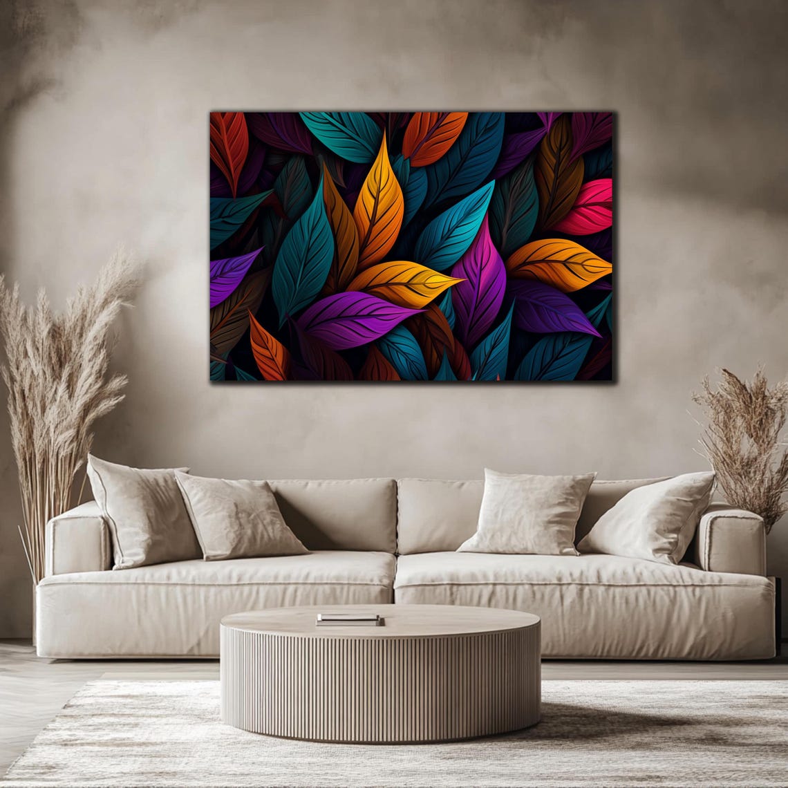 Dense Rainbow Leaves Black Backdrop Teal Orange Purple Wall Art - Image 4