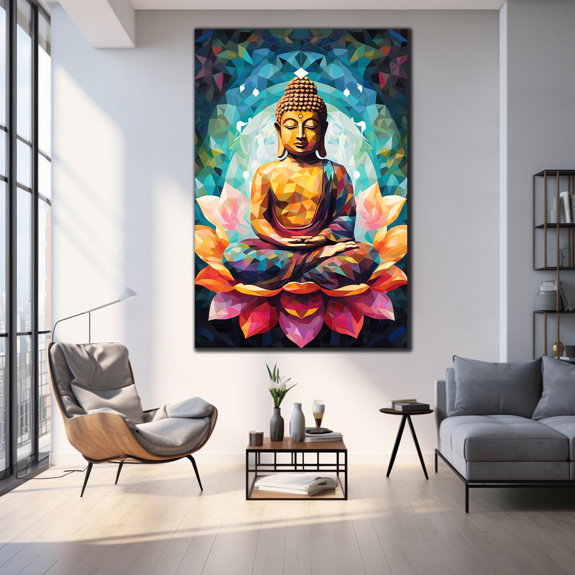 Geometric Buddha Meditating Colorful Mosaic Lotus Wall Art Poster - Image 3