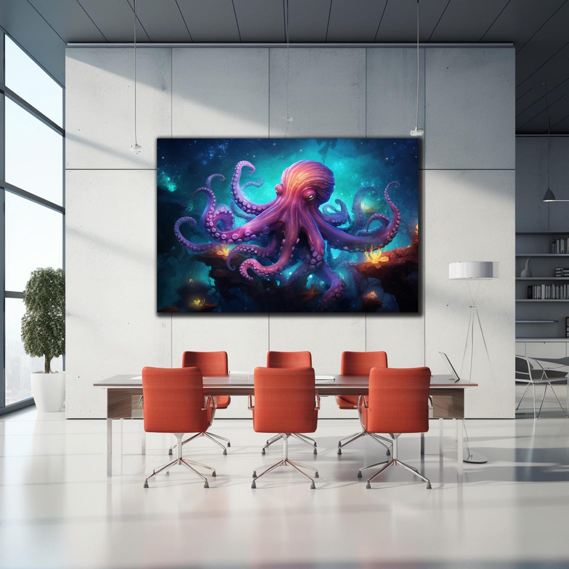Vivid Purple Octopus Underwater Teal Glow Ocean Sea Life Wall Art - Image 2