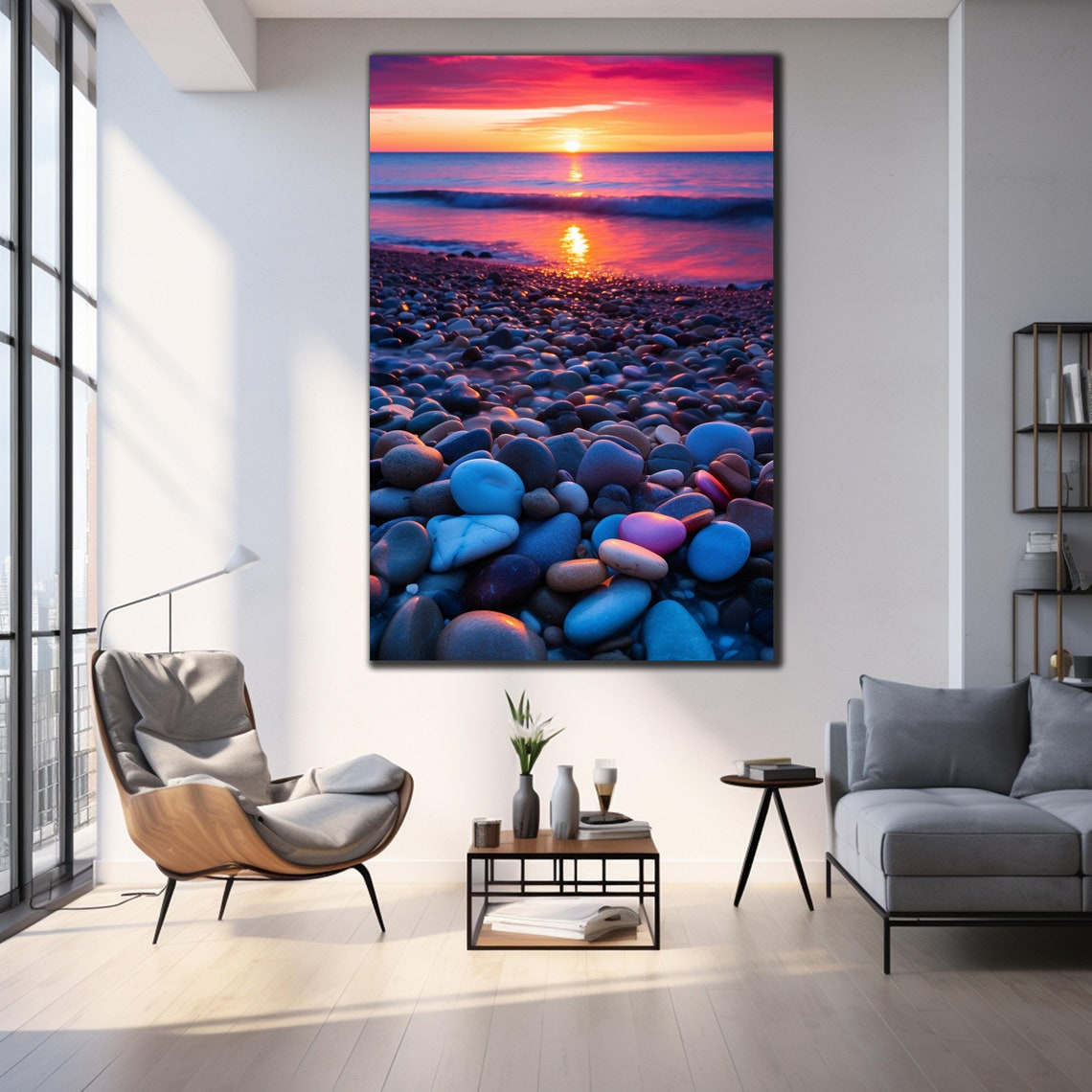 Pebble Beach Sunset Pink Orange Sky Smooth Stones Travel Poster - Image 3