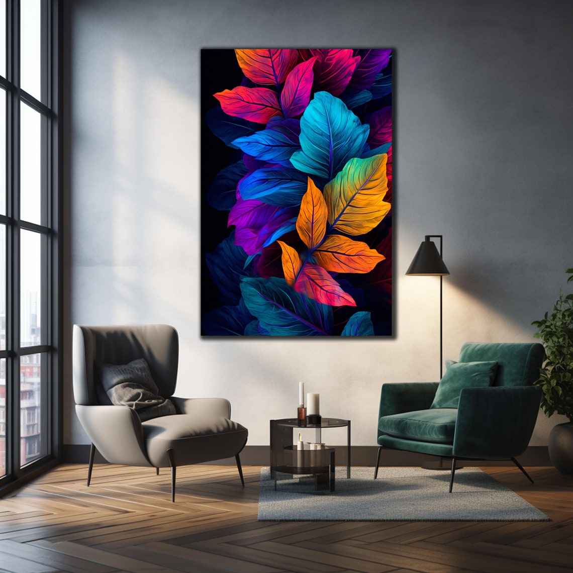 Colorful Neon Leaf Stained Glass Art Black Background Botanical Poster - Image 3