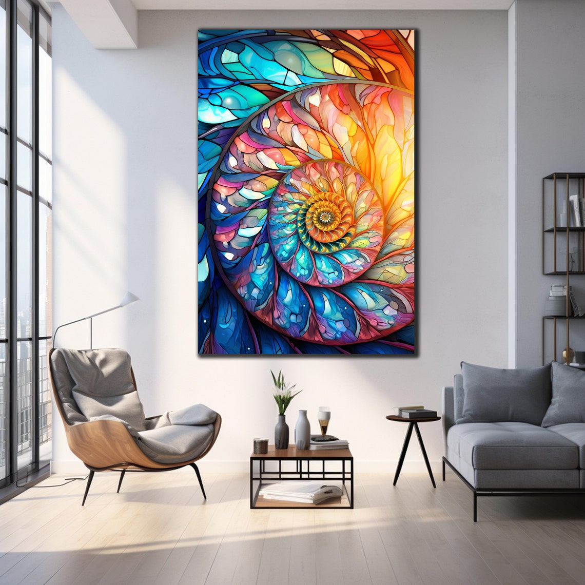 Rainbow Nautilus Spiral Stained Glass Shell Ocean Inspired Wall Poster - Image 4