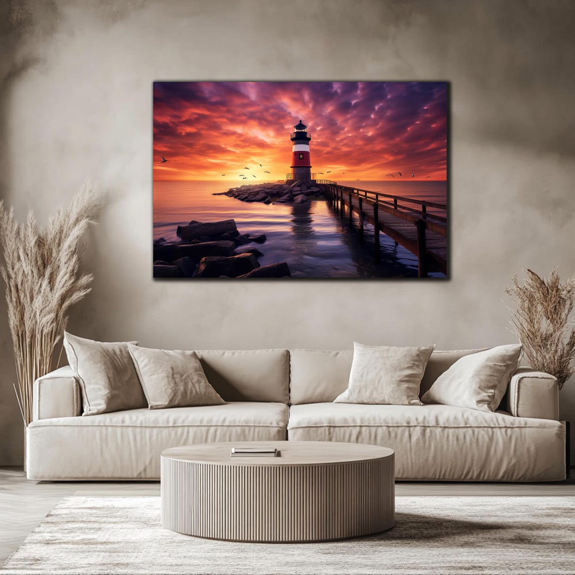 Lighthouse Sunset Red White Pier Dramatic Pink Clouds Ocean Poster - Image 4