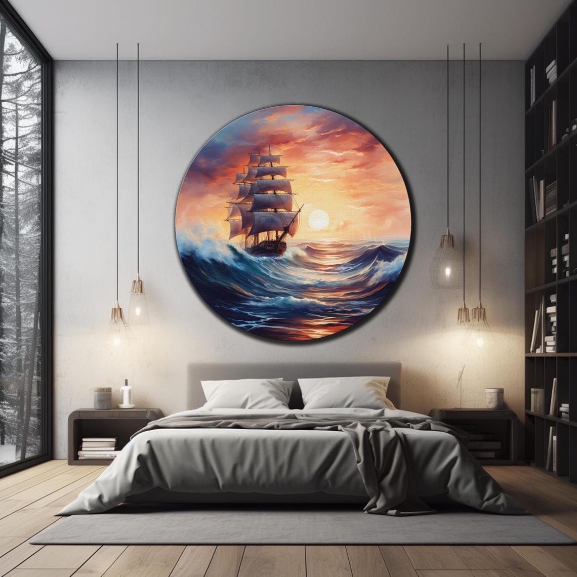 Tall Ship Stormy Sunset Full Sails Ocean Waves Round Glass Wall Art - Image 3