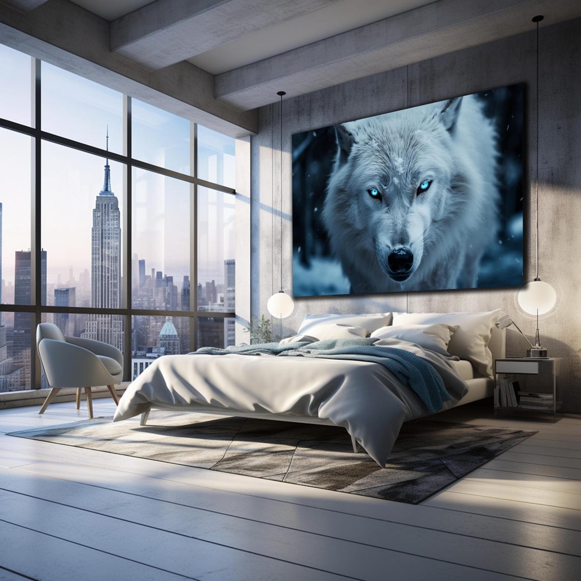 Dramatic Gray Wolf Piercing Cyan Eyes Snowy Forest Close Up Wall Art - Image 3