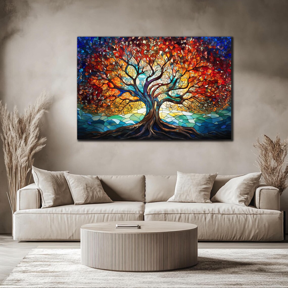 Tree of Life Stained Glass Mosaic Red Blue Fiery Canopy Wall Art - Image 3