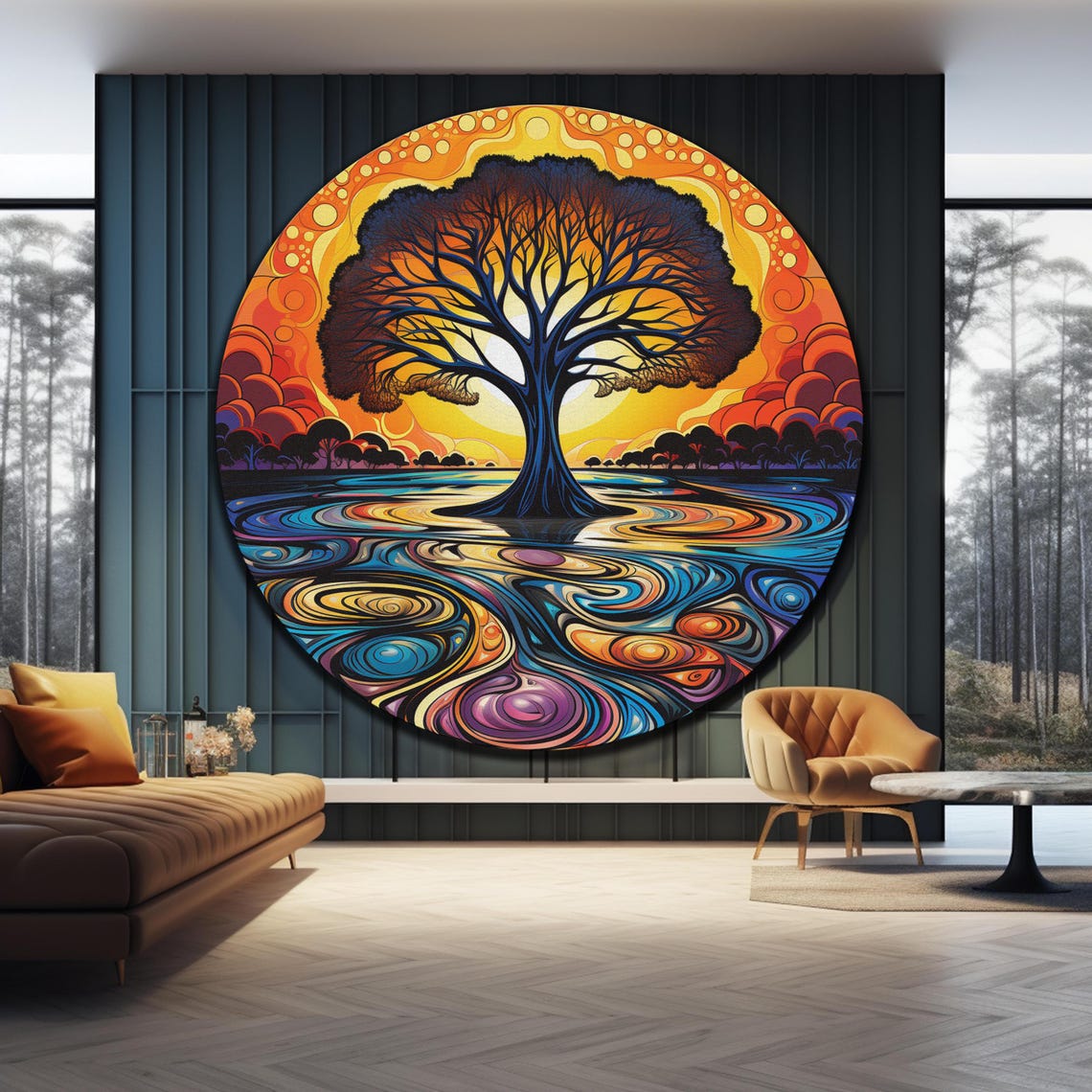 Psychedelic Tree Of Life Sunset Swirl Abstract Colorful Round Wall Art - Image 4