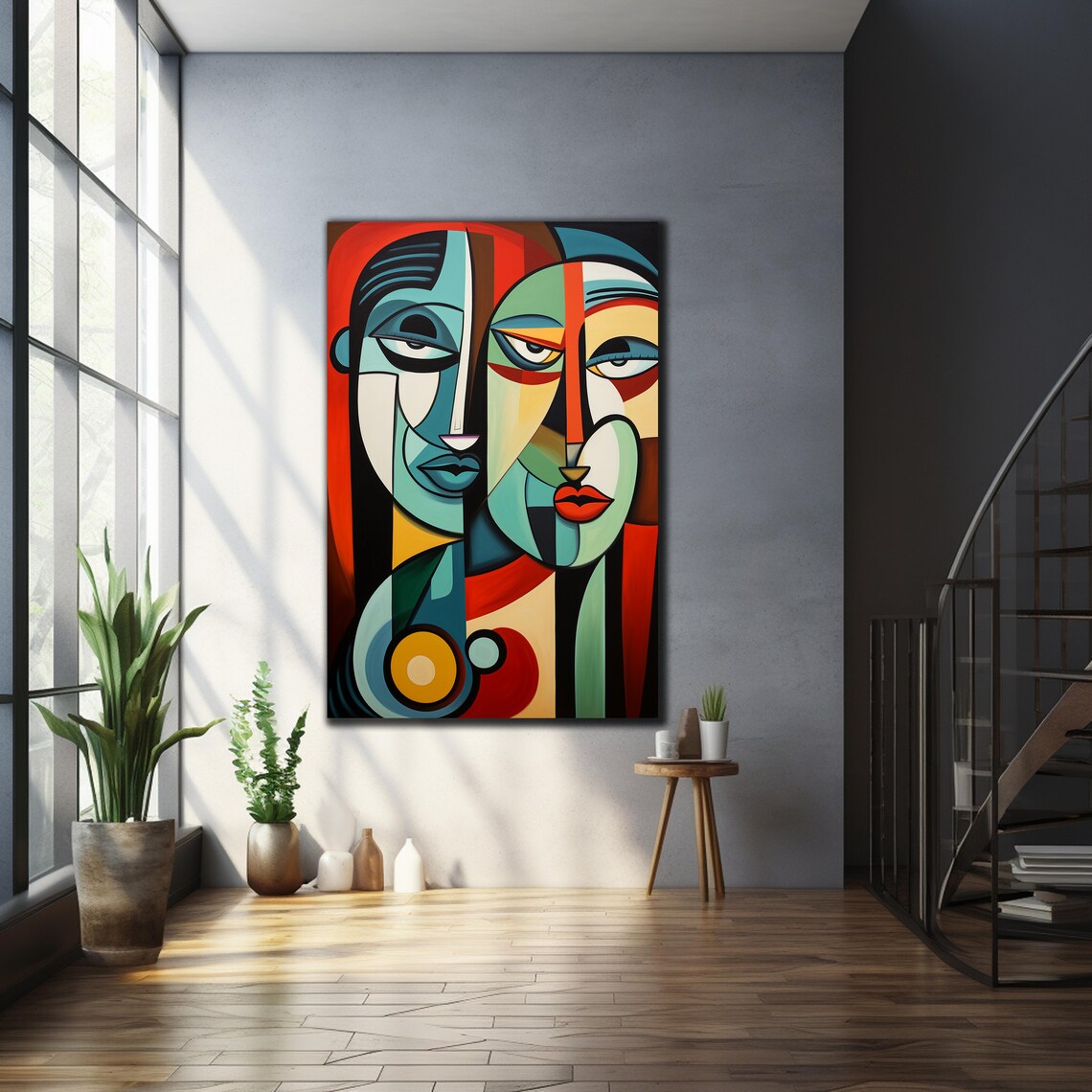 Cubist Abstract Faces Geometric Modern Art Red Teal Beige Glass Wall Art Print - Image 2