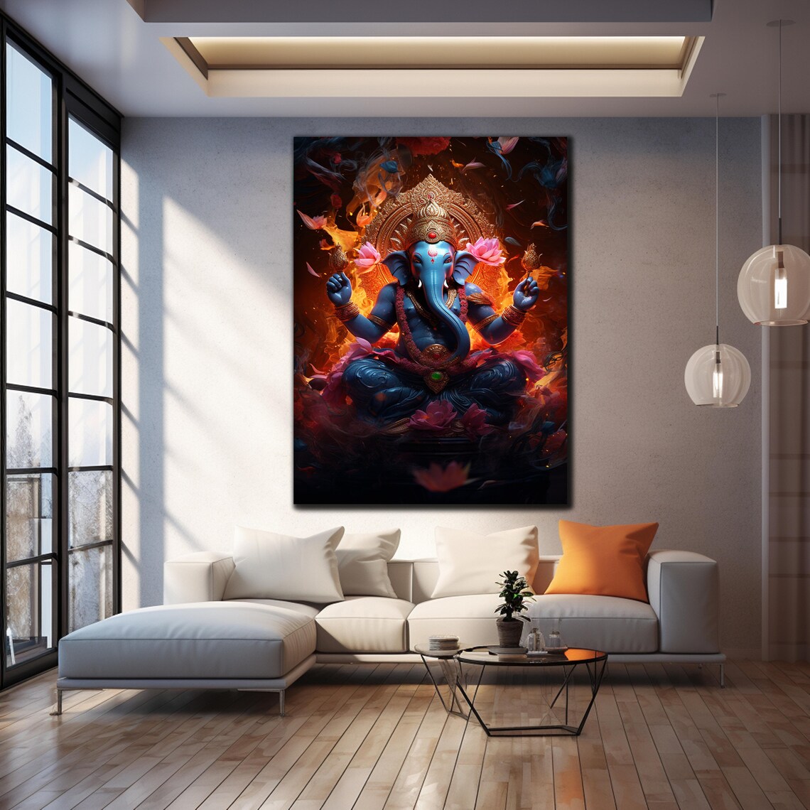 Lord Ganesha Blue Lotus Flowers Fiery Orange Divine Art Wall Poster - Image 4
