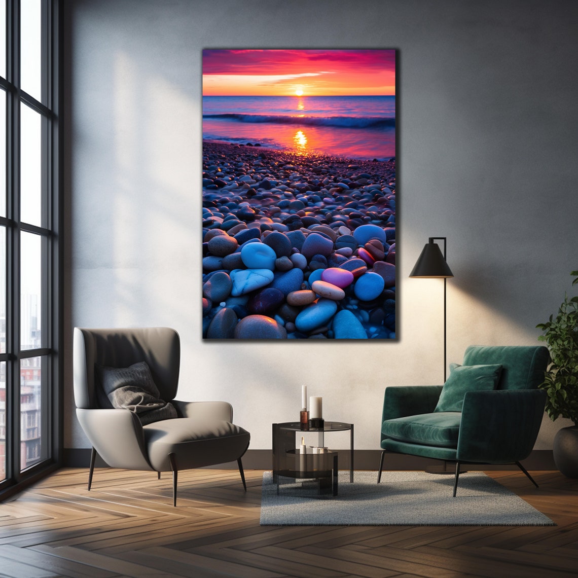 Pebble Beach Sunset Pink Orange Sky Smooth Stones Travel Poster - Image 2