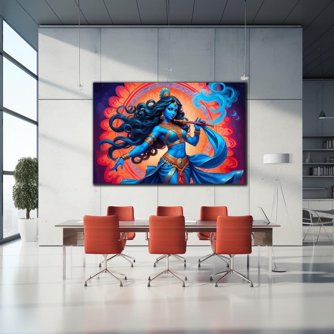 Krishna Blue Flute Player Fiery Orange Mandala Divine Art Poster - Image 2