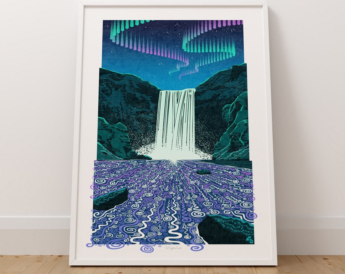 Skogafoss Aurora Iceland Travel Poster, Waterfall