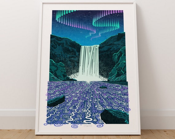 Skogafoss Aurora Iceland Travel Poster, Waterfall