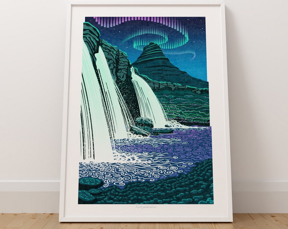 Kirkjufellsfoss Aurora Northern Lights Iceland Travel Poster