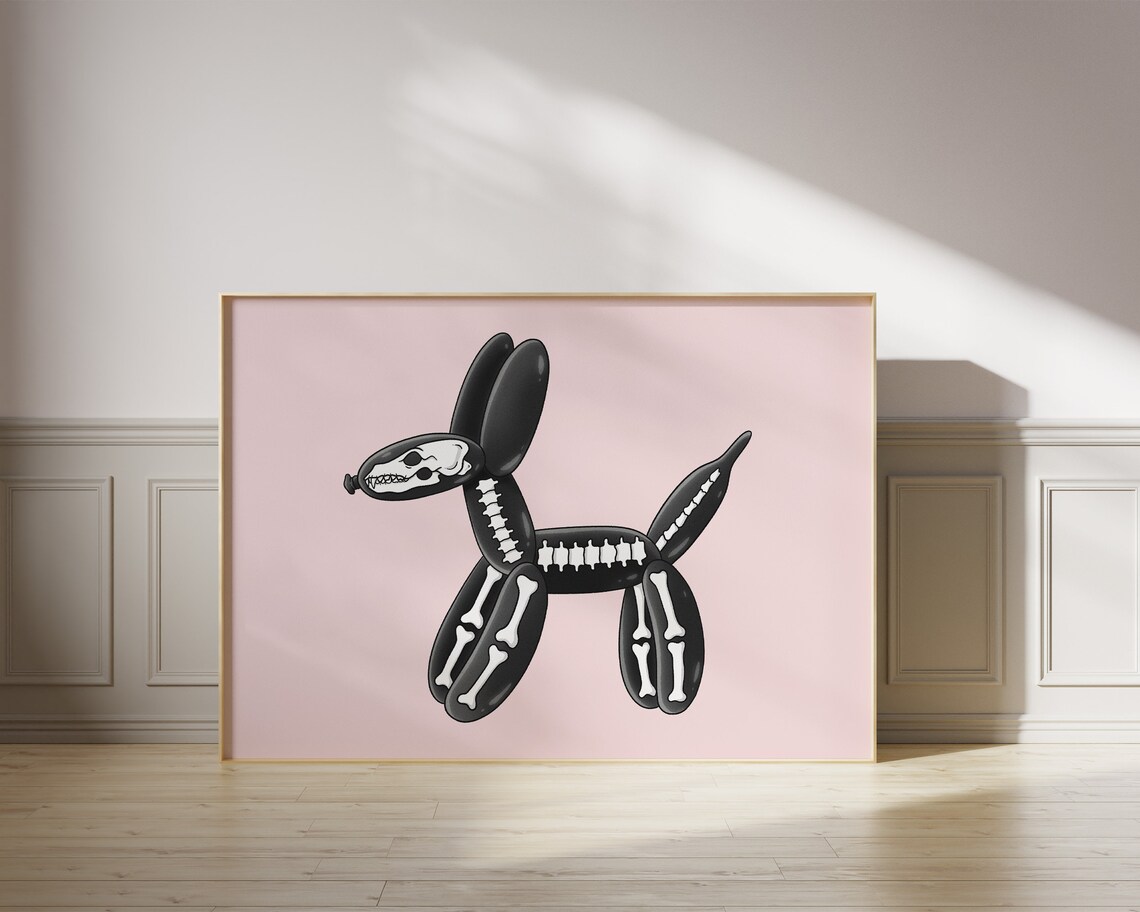 Pink Preppy Halloween Skeleton Balloon Dog Art Print