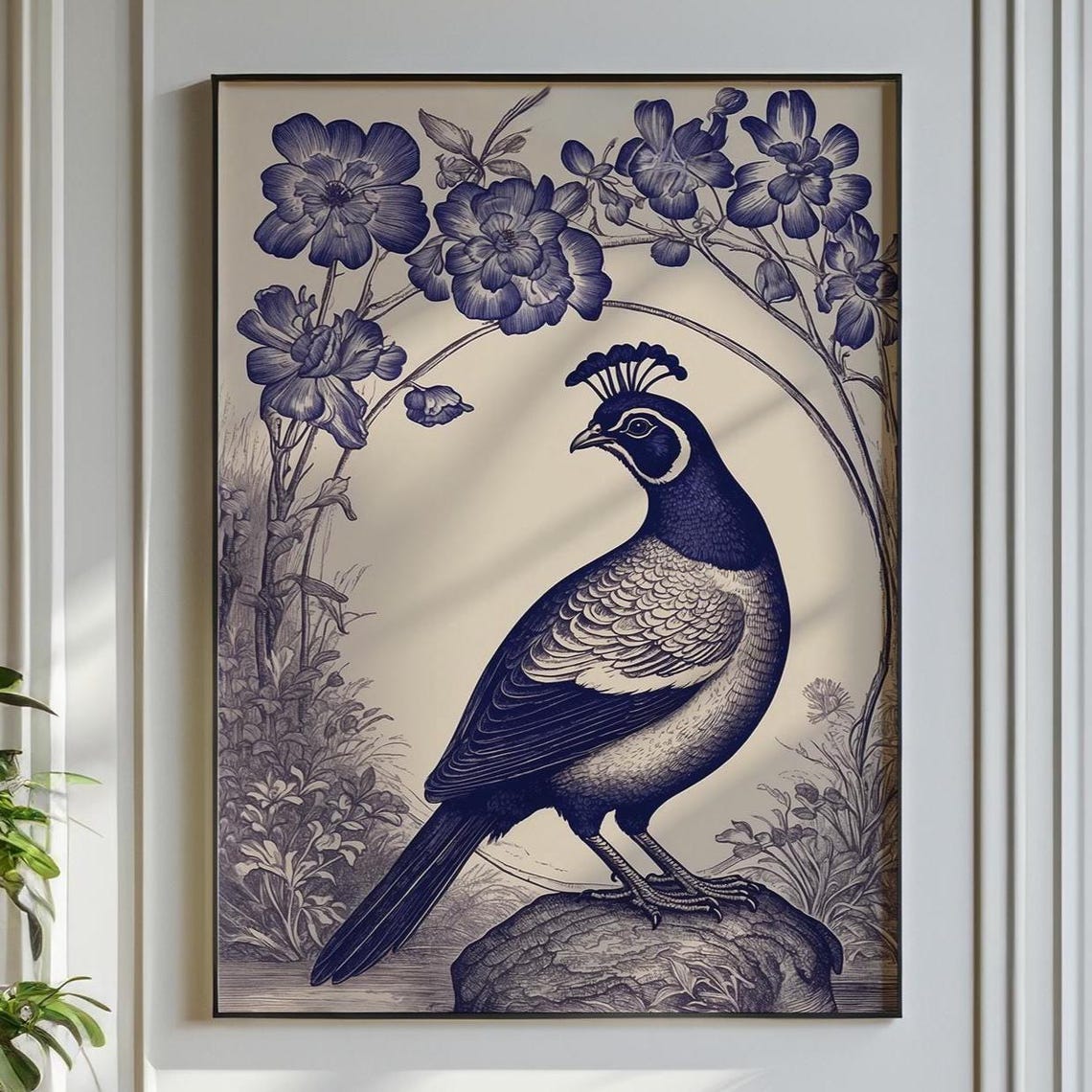 Navy Blue Quail With Blossoms Vintage Ink Style Bird Art Poster