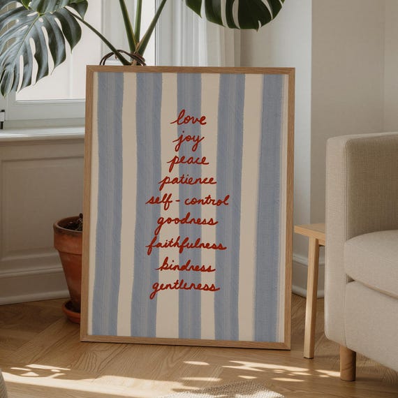 Fruits Of The Spirit Art Print Handdrawn Blue Stripe Christian Decor