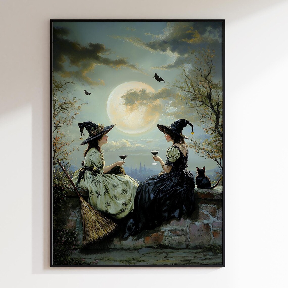 Two Witches Toasting Wine Under Full Moon Black Cat Vintage Poster