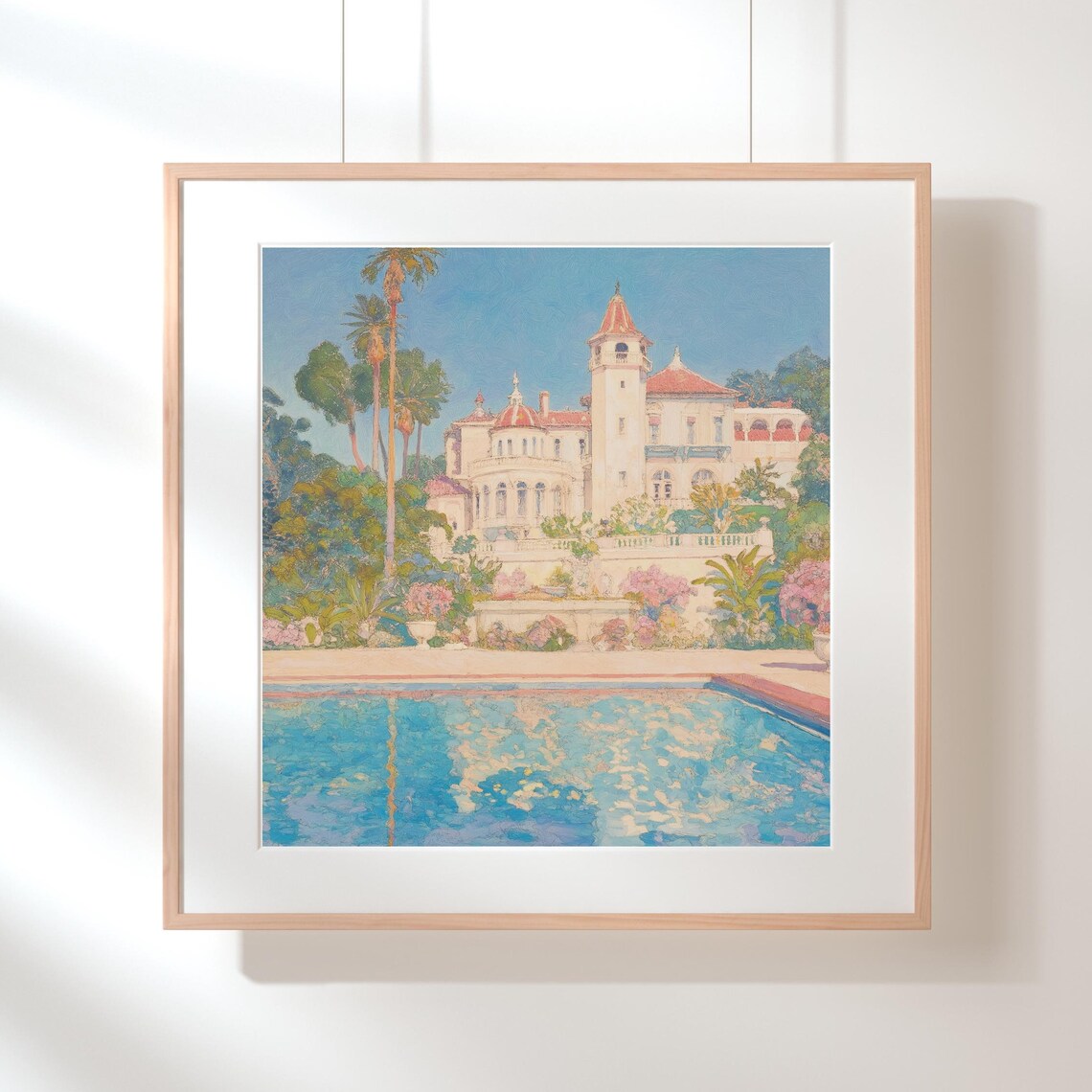 Mediterranean Villa Tower Pool Palm Trees Sunny Painting Poster