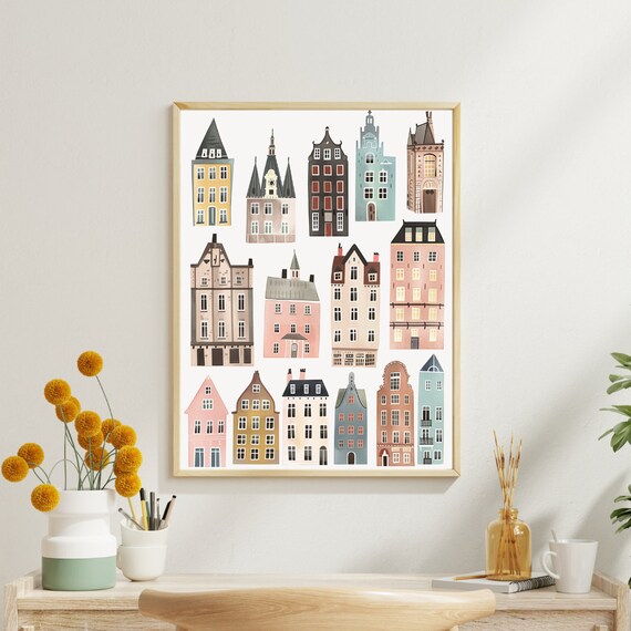Cute Houses Watercolor Nursery Wall Art Decor Baby Room Decoration Neutral Art Nursery Watercolor Wall Art Watercolor Houses Architecture