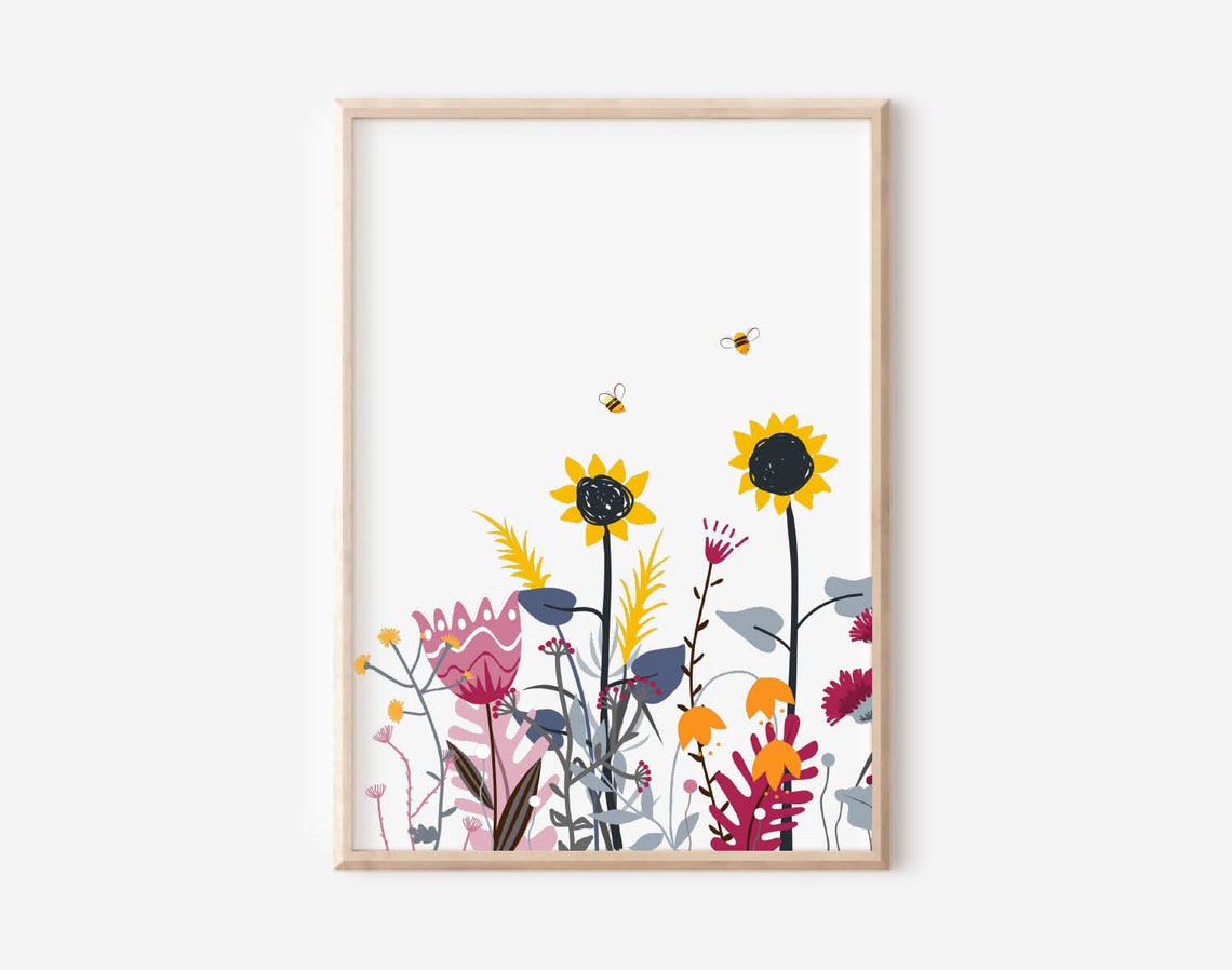 Colorful Wildflower Meadow Sunflowers And Bees Botanical Poster - Image 3