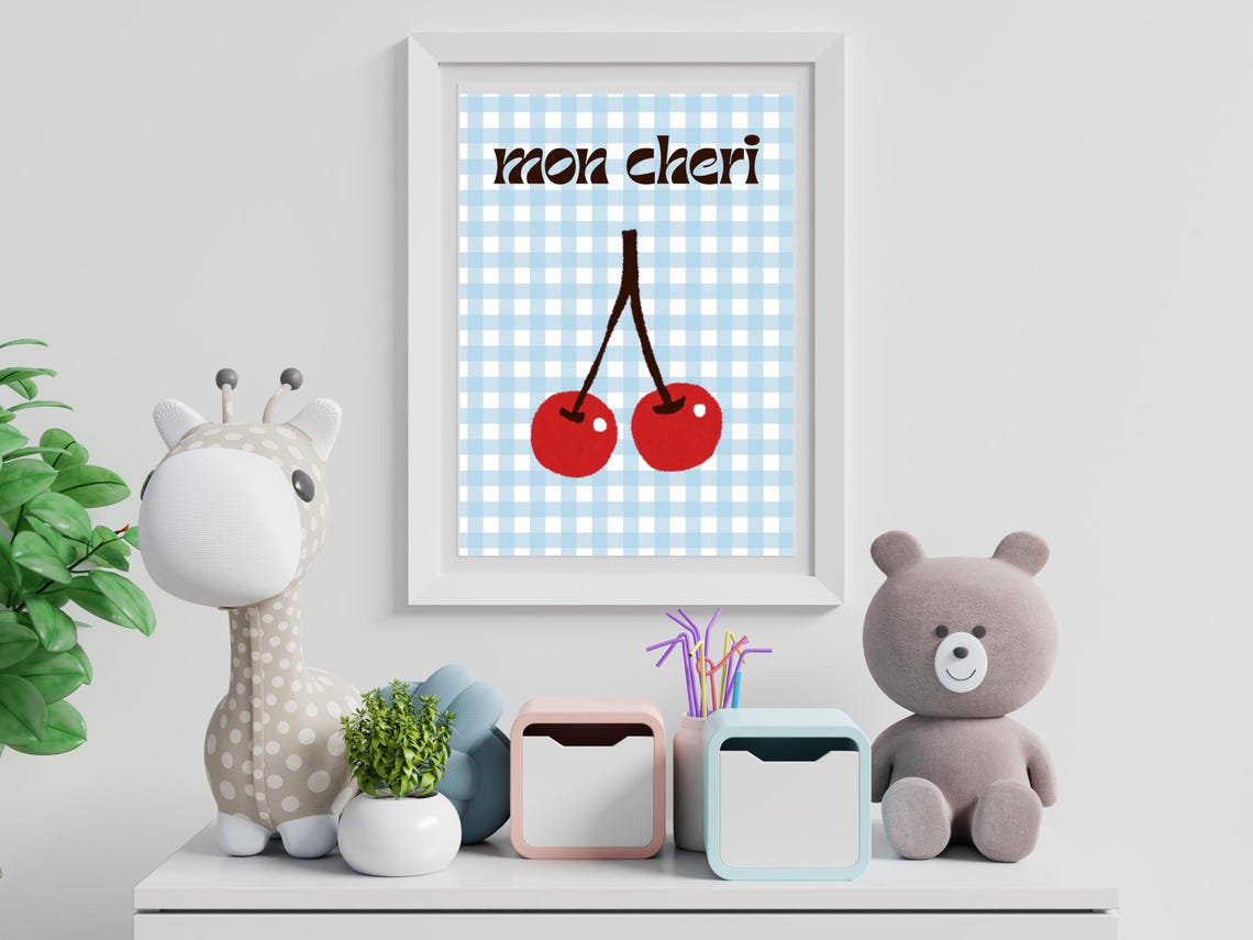 Mon Cheri Cherry Art Blue Gingham Cute Nursery Kitchen Print